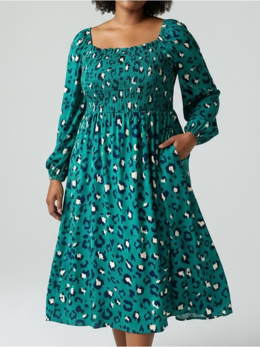 Green Leopard Print Smocked Midi Dress by Crown & Ivy / XL